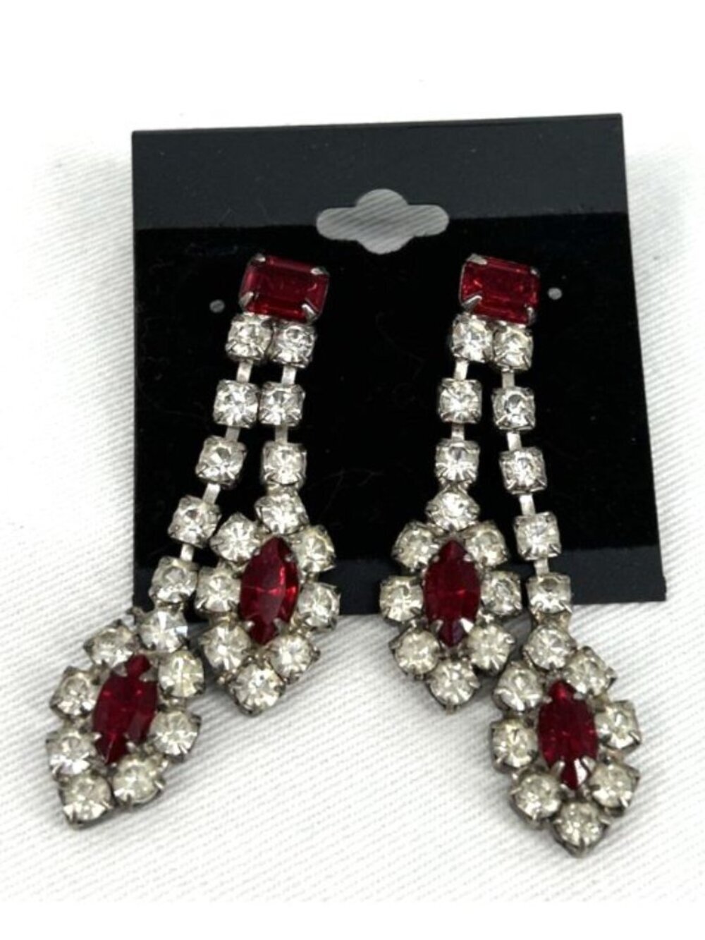 Rhinestone Earrings Red Clear Dangle Drop Post Back 2.25" Vintage